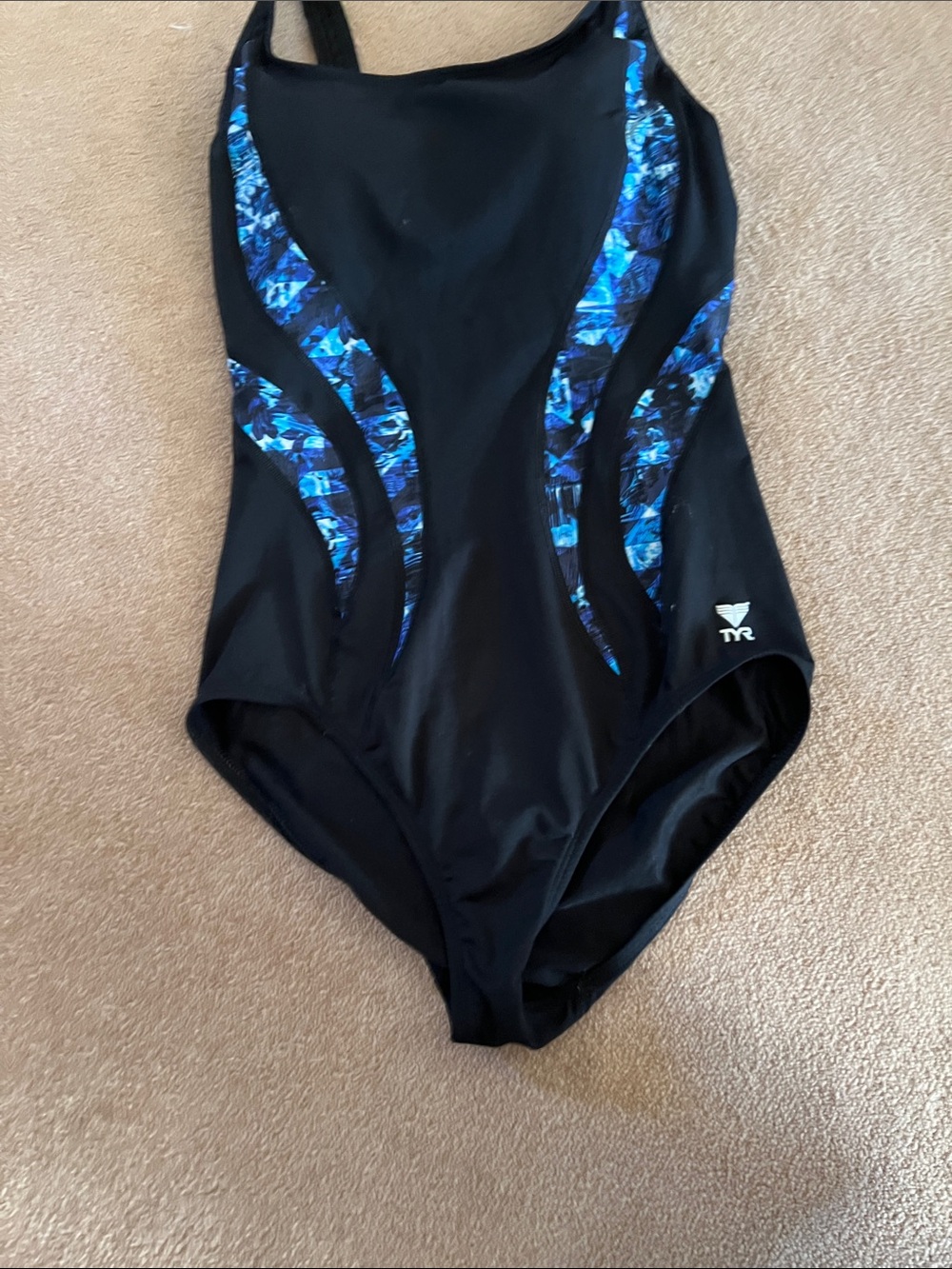 TYR Black One-Piece Swimsuit with Blue Mosaic Panels